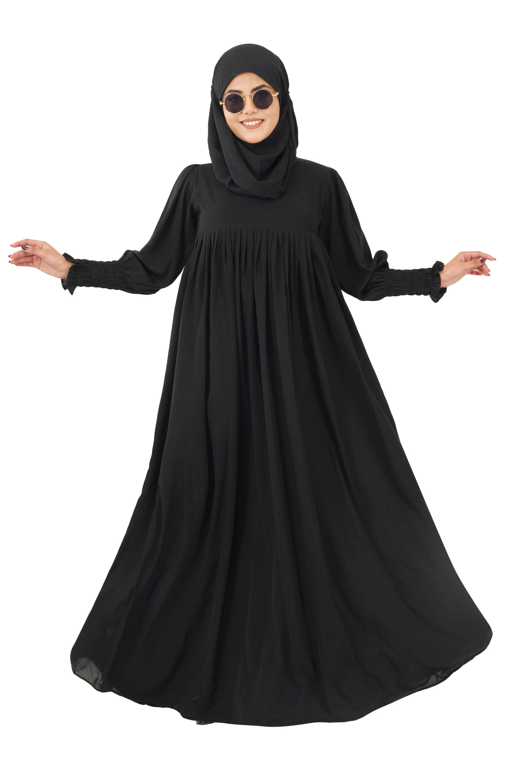 Black color loose fit abaya burqa with gather work at indian fashion store