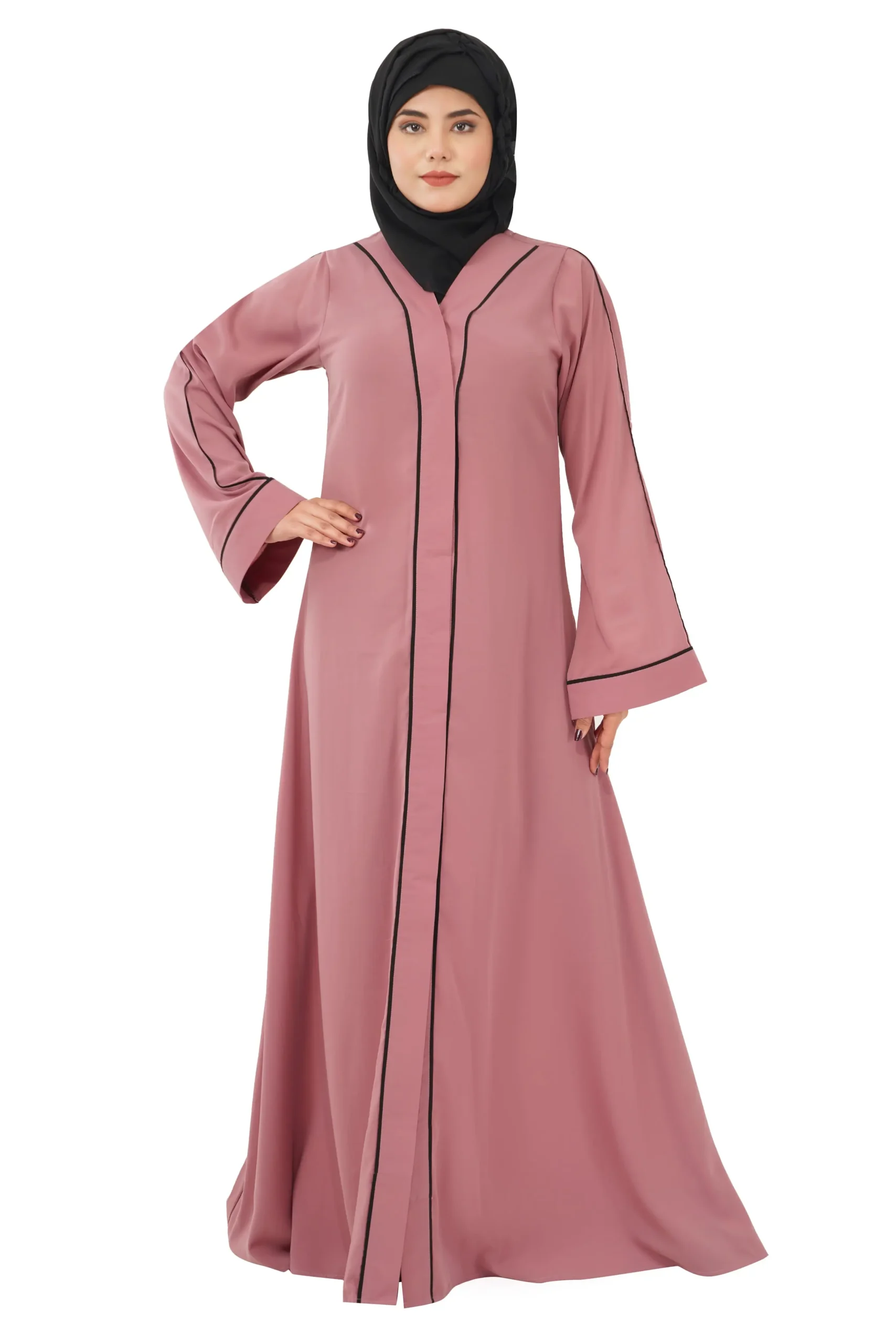 casual front open abaya-pink color