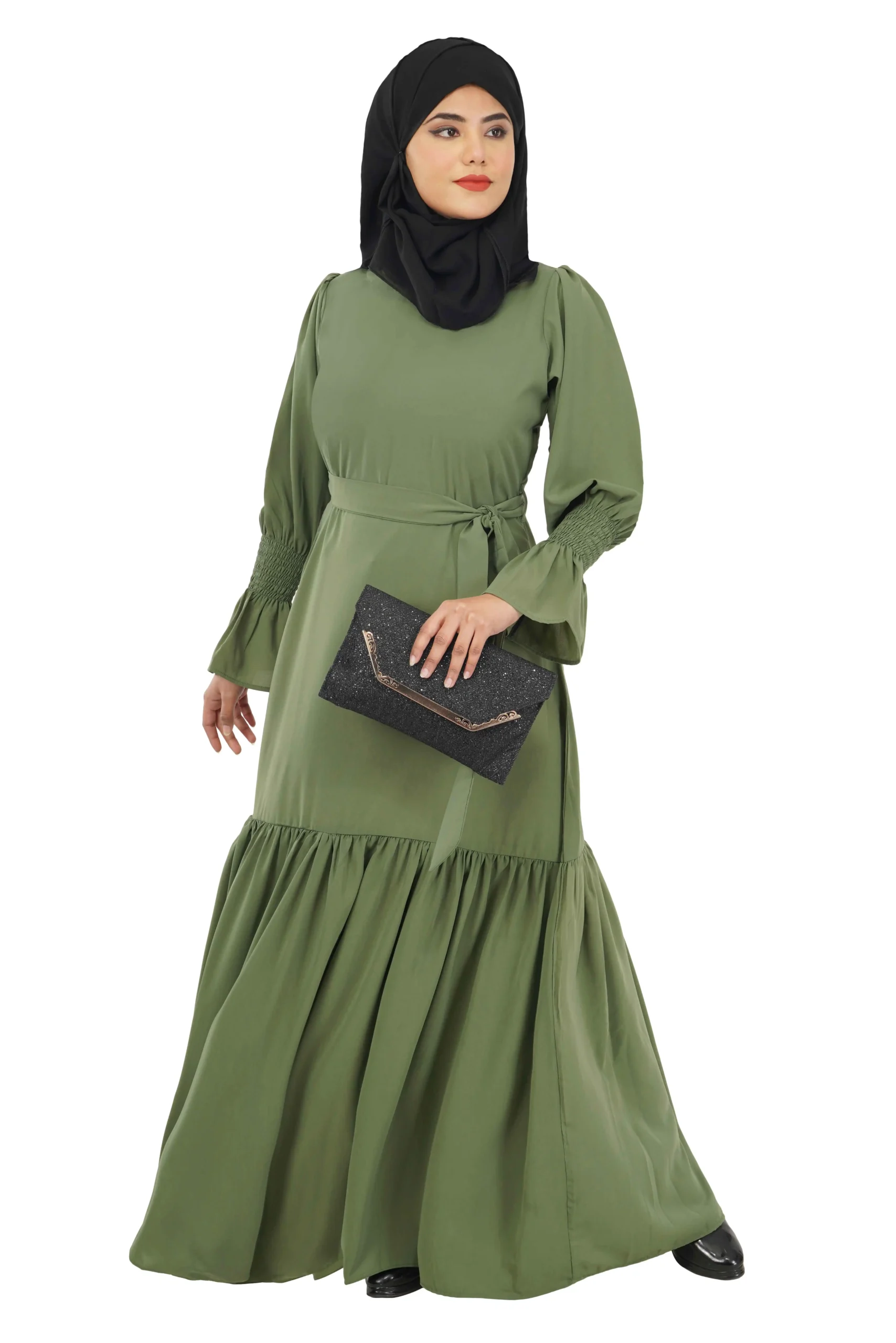 frill abaya with belt and smoky sleeves